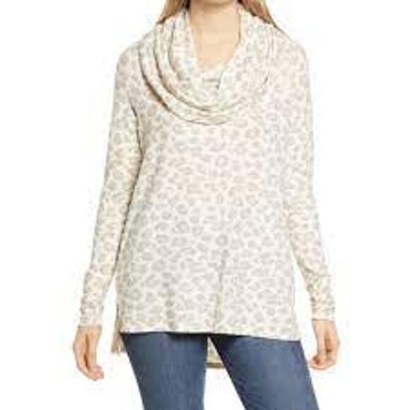 Gibson Look Leopard Cowl Neck Sweater Oatmeal Cream Pink XSmall XS Womens - Picture 9 of 9